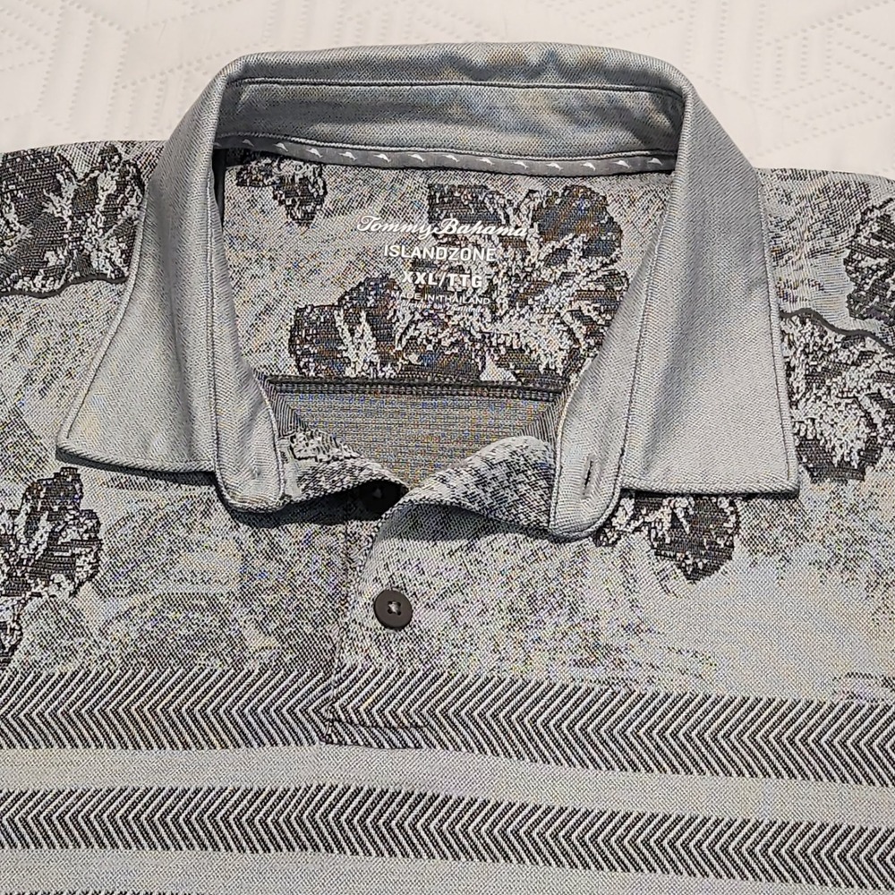 Tommy Bahama Island Zone Polo Shirt Gray Hibiscus Floral Mens XXL-T Golf Casual - Picture 2 of 8